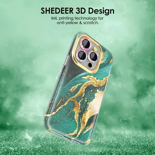 Vista 4 de SHEDEER Funda para iPhone 15 Pro con protector de cámara con purpurina y protector de pantalla, patrón elegante y antiamarillamiento, protección