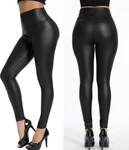 Vista 3 de KIWI RATA - Leggings de piel sintética de poliuretano, cintura alta, para mujer, con levantamiento de glúteos, color negro, sexy, para deportes