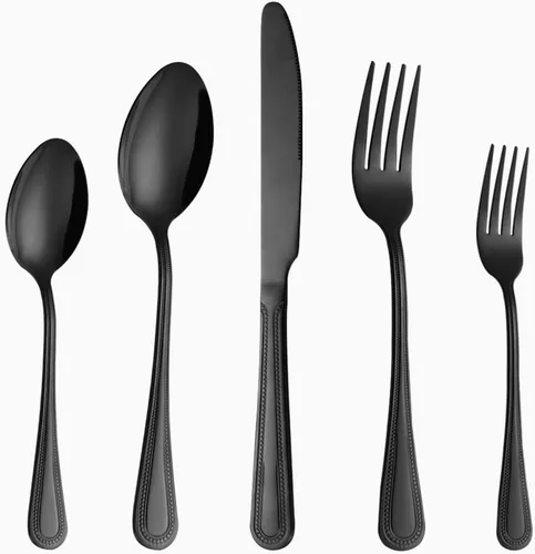 Vista 13 de Juego de cubiertos negros de 20 piezas para 4, juego de cubiertos de acero inoxidable de grado alimenticio, incluye tenedor/cuchillo/cuchara, juego