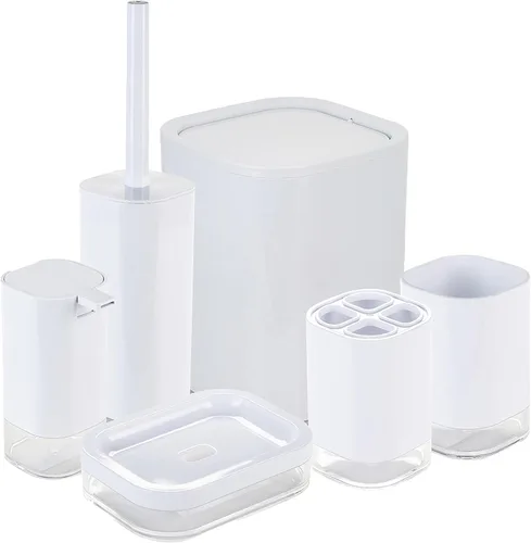 Vista 14 de Bath Bliss Juego de baño acrílico de 6 piezas Cepillo de inodoro Bote de basura Bomba de jabón Jabonera Vaso Soporte para cepillos