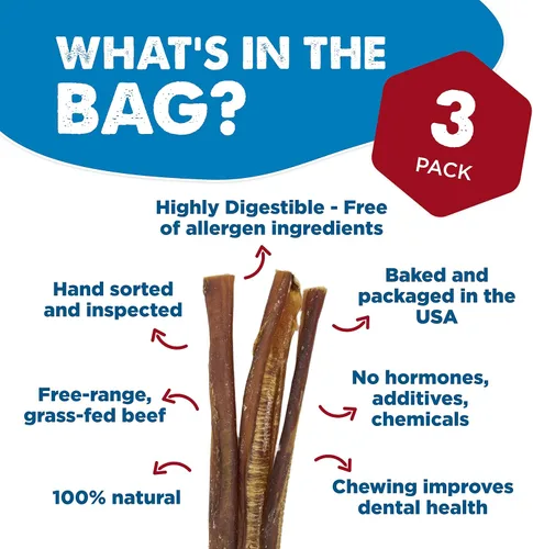 Vista 2 de Best Bully Sticks Palitos de Intimidación de 12 Pulgadas para Perros - 3 Unidades (Paquete de 1) - Naturales, Fácilmente Digeribles, 100% Carne