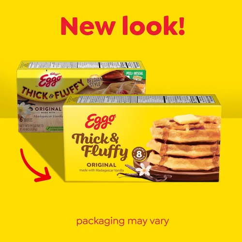 Vista 3 de Eggo Waffles congelados gruesos y esponjosos, desayuno congelado, comida para el desayuno, original, caja de 11.6 onzas (6 waffles)