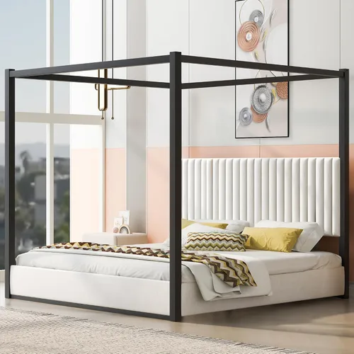 Vista 11 de Cama de Plataforma con Dosel de 4 Postes de Lujo Moderna Tamaño Queen con Cabecera Alta Tapizada en Terciopelo, Marco de Cama de Plataforma