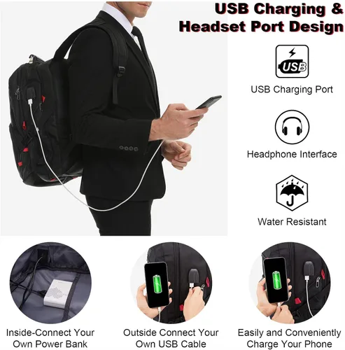 Vista 5 de Mochila grande de viaje y para laptop, es impermeable, antirrobo, con cerradura y puerto de carga USB, para negocios, hombres, mujeres, escuela