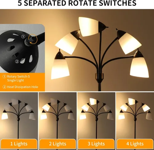 Vista 9 de DLLT - Lámpara de pie moderna para habitación: 5 luces flexibles de cuello de cisne negro lámparas de pie para sala de estar, dormitorio, hogar