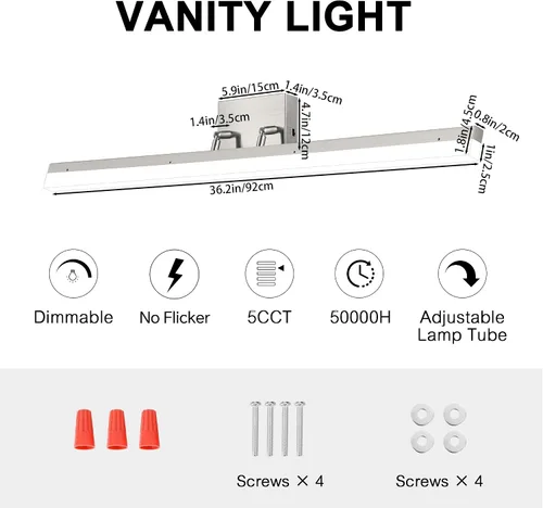 Vista 9 de Luz LED de tocador de 36 pulgadas, regulable 3000K-5000K 5CCT moderna accesorio de iluminación de tocador de maquillaje, barra de luz ajustable
