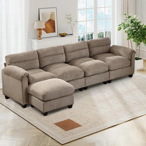 Vista 20 de HAOMARKETS Sofá esquinero modular en forma de L de 115 pulgadas con 2 otomanas móviles, sofás de pana de 8 plazas con cojín grueso para sala de Beige