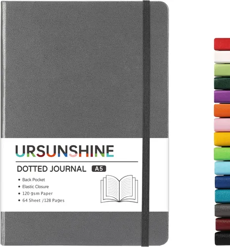 Vista 25 de Cuaderno punteado, diario, 5.3 x 8.26 pulgadas, tapa dura, prémium, papel grueso, doble espiral, bandas, cuero negro sintético, lazo para bolígrafo