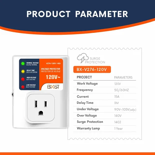 Vista 2 de BXST Protector de sobretensiones para electrodomésticos, 120 V 15 A, protector de voltaje con protección contra rayos de 140J, sobrecarga de pared