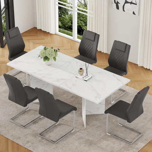 Vista 13 de Juego de mesa de comedor extensible de 63 a 79 pulgadas para 4, juego de mesa de cocina de mármol sintético blanco para 4, juego de mesa de comedor