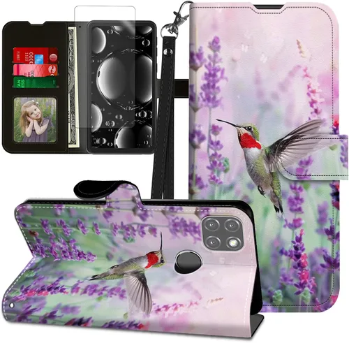 Vista 387 de Funda para Motorola Edge 2022 con protector de pantalla, soporte y tarjetero y correa para la muñeca, funda magnética para Moto Edge 2022 5G UW Lobo