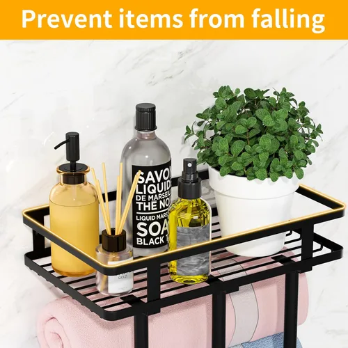 Vista 4 de Toalleros para baño, toallero montado en la pared con estante de metal y 4 ganchos para colgar, estante de toallas para baño pequeño, puede contener