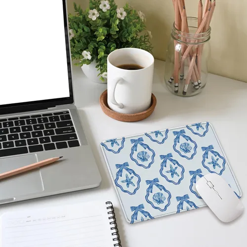 Vista 4 de Blue Bow Coastal Beach Mouse Pad, Vintage Summer Shell Mouse Pads, Non-Slip Mousepad Gift, Cute Blue Bow Coastal Mouse Mat Desk Accessories for