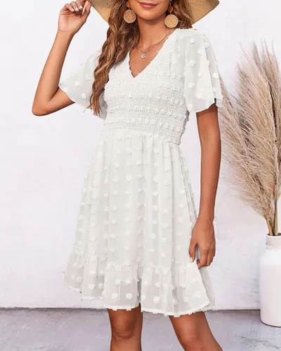 Vista 4 de BTFBM - Vestido de vacaciones en la playa para mujer, cuello en V, manga corta, fruncido, plumetí, casual, con volantes,vestidos cortos