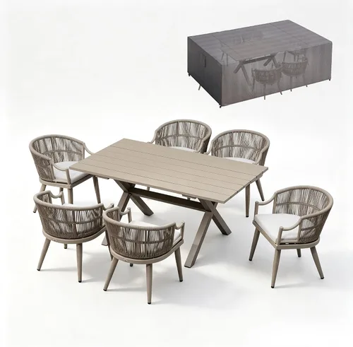 Vista 14 de PURPLE LEAF Juego de comedor de patio para 6 respaldos ergonómicos y cojín Champán