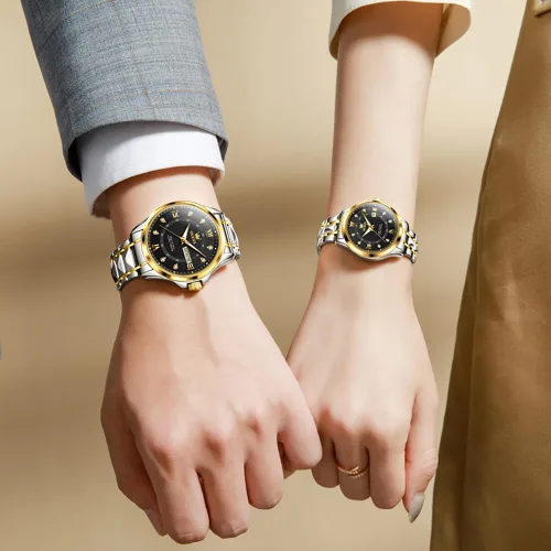 Vista 29 de OLEVS Reloj para parejas para él y ella, reloj analógico de cuarzo para hombres y mujeres, de acero inoxidable, impermeable, luminoso, fecha, reloj