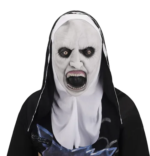 Vista 6 de Starsouce Máscara de monja de látex aterradora con bufanda, disfraz de monja de terror, máscaras de cabeza completa para disfraces de Halloween