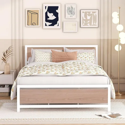 Vista 9 de Base de cama de plataforma tamaño Queen con cabecera de madera rústica vintage, marco de cama resistente con almacenamiento, no necesita somier