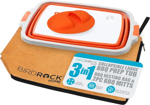 Vista 10 de BIRDROCK HOME Tina plegable grande de preparación para barbacoa con tabla de cortar, organizador de parrilla multifunción con colador y tapa, cuenco