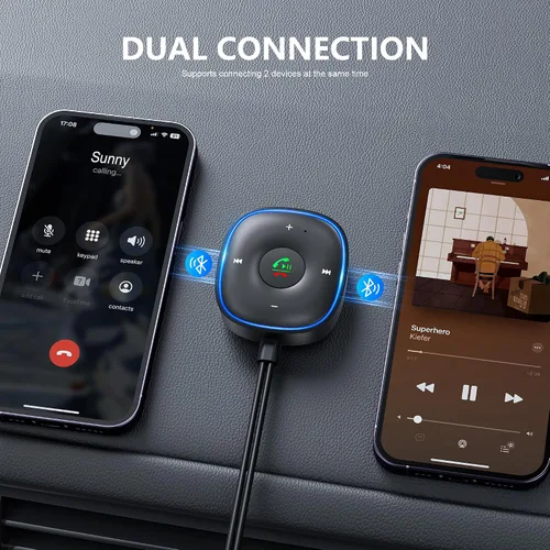 Vista 3 de Adaptador auxiliar Bluetooth 5.3 para automóvil, receptor Bluetooth SONRU para automóvil [conexión dual y cancelación de ruido de micrófono]