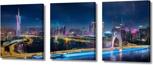Vista 21 de Cuadros de 3 paneles de Cyberpunk City - Arte de pared de vallas publicitarias de edificios modernos en la capital con obras de arte modernas