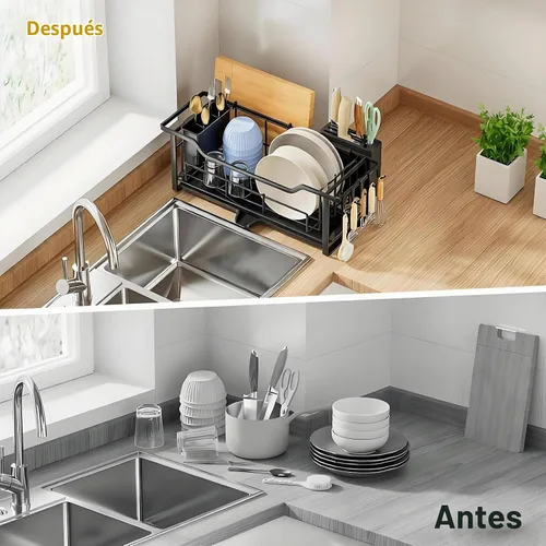 Vista 6 de AIDERLY Escurridor estrecho de platos para encimera de cocina, drenaje automático, escurridor de platos de hierro con cesta extraíble para Negro