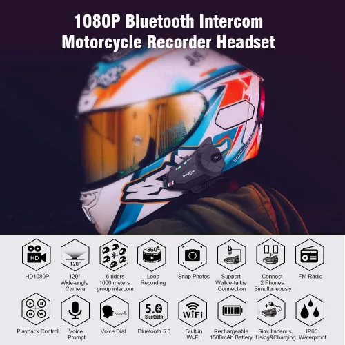 Vista 2 de FreedConn R1plus - Casco de motocicleta con Bluetooth e intercomunicador con cámara 1080P y radio FM 1000 M.