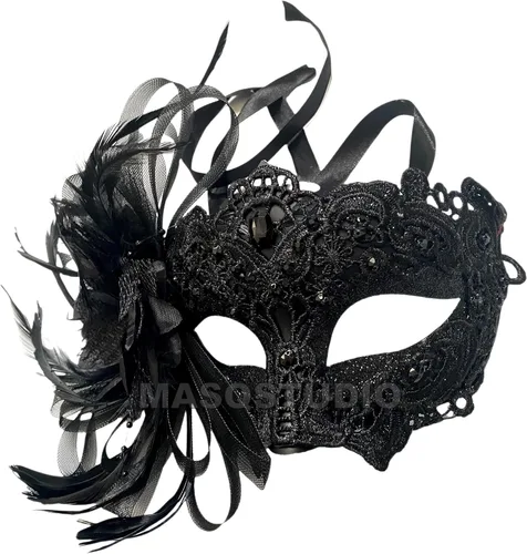 Vista 5 de MASQ Par de máscaras de encaje brocado para mascarada, Mardi Gras, cumpleaños, graduación, boda, fiesta Bk Lace W Pluma