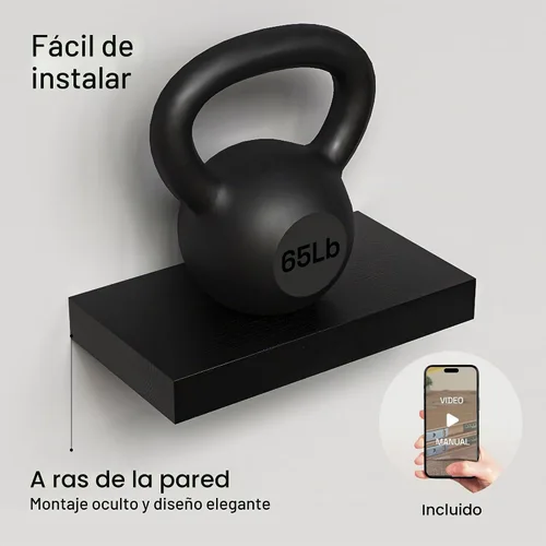 Vista 5 de Estantes flotantes de madera maciza para pared de 12 pulgadas, color negro