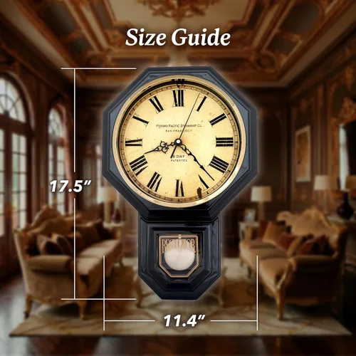 Vista 8 de JUSTIME Reloj de pared clásico vintage tradicional de estilo Schoolhouse, con péndulo y melodía Westminter cada hora, relojes de pared con melodía