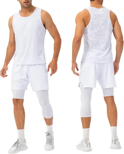 Vista 24 de Pantalones de compresión de 3/4 de una pierna para hombre, mallas de baloncesto atléticas para correr, leggings deportivos de capa base capri