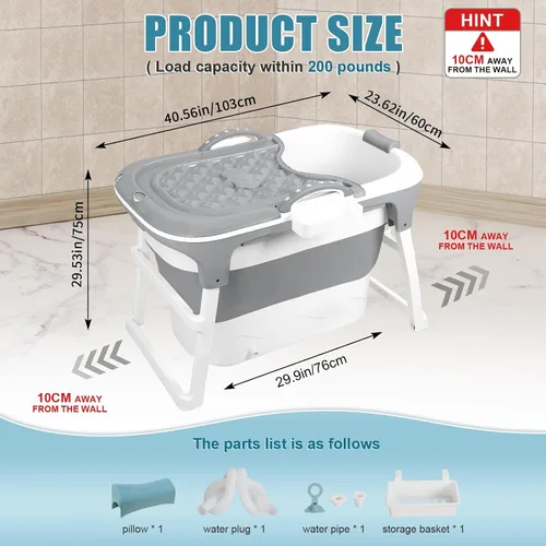 Vista 7 de Foldable Portable Soaking Tub, Collapsible Bathtub with Thermal Cover Gray