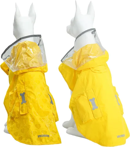 Vista 16 de Impermeable para perro con poncho con capucha, chaqueta de lluvia amarilla ajustable de alto reflejo, con agujero para correa para perros pequeños