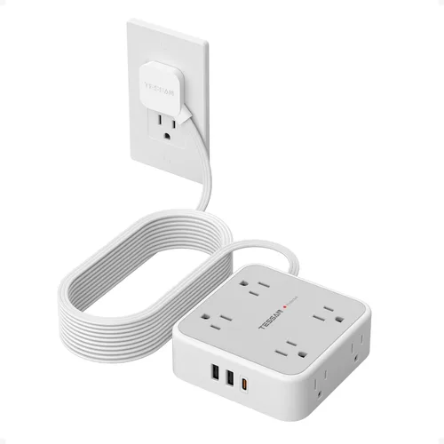Vista 11 de TESSAN - Tira de alimentación con protector de sobretensiones, cable de extensión plano de 5 pies con 8 salidas de CA, 3 puertos USB (1 USB C), Gris