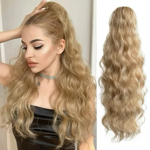 Vista 13 de Extensión de cola de caballo de garra negra natural ondulada de 16 pulgadas, extensiones de cabello sintético rizado con clip, extensiones