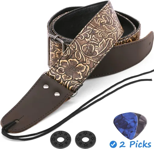 Vista 8 de Correa de guitarra, piel sintética impresa, estilo clásico piel sintética PU, con extremos de piel genuina, para guitarra bajo eléctrico, amplio