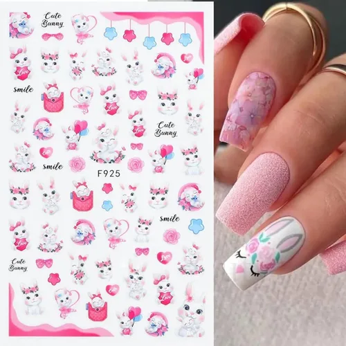 Vista 5 de 8 hojas de calcomanías de arte de uñas de conejo de Pascua, 3D, autoadhesivas, accesorios de arte de uñas, caricaturas, conejos, animales