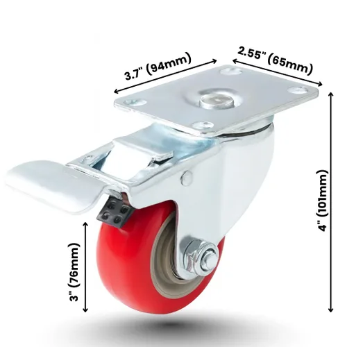 Vista 5 de Y&Y Decor Ruedas giratorias resistentes de 3 pulgadas con freno, paquete de 4 ruedas de poliuretano rojas, rotación de 360°, sin marcas, 250 libras