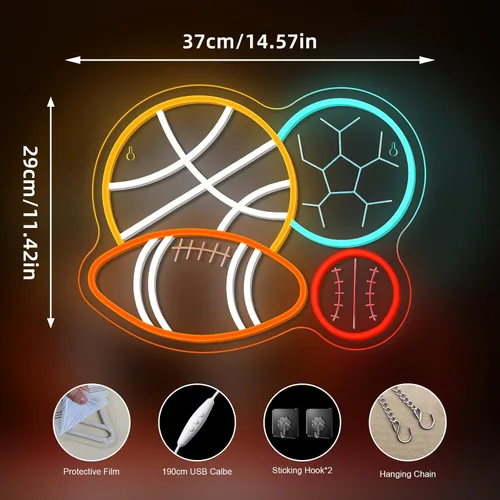 Vista 6 de NOSUN Letrero de neón con combinación deportiva de 4 bolas para dormitorio de niño, hombre, cueva, fútbol, fútbol, baloncesto, béisbol, luz de neón