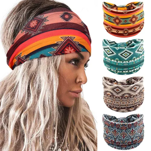Vista 11 de Acenail Diademas anchas para mujer, turbante bohemio, diadema anudada, floral, elástica, antideslizante, para entrenamiento, yoga, bufandas