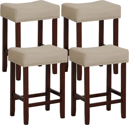 Vista 13 de COSTWAY Juego de 2 taburetes de madera sin respaldo de 25 pulgadas con borde de cabeza de clavo, marco de madera de goma, reposapiés, carga máxima