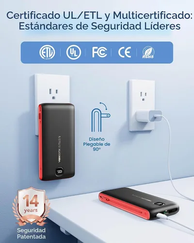 Vista 5 de VEEKTOMX Cargador portátil con cables integrados de 20000 mAh, banco de energía para iPhone con enchufe de pared de CA, batería delgada USB C