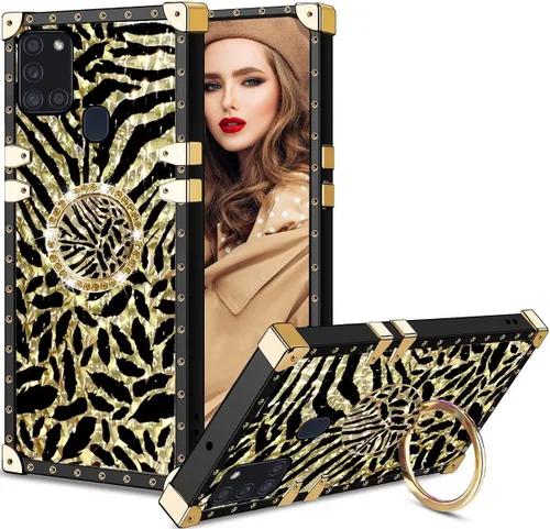 Vista 5 de Funda para teléfono Samsung Galaxy A21S con soporte de anillo, diseño retro elegante de lujo, estampado de leopardo, guepardo, dorado, protección