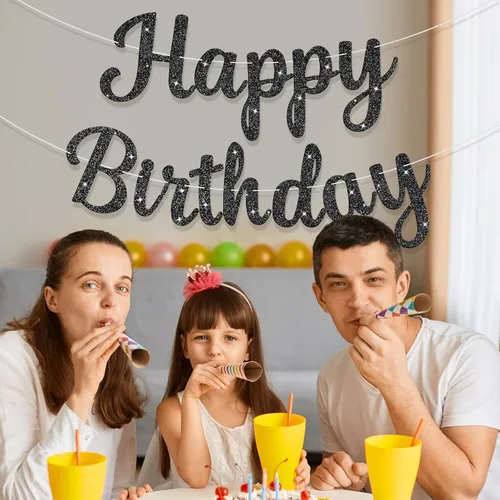 Vista 7 de Letrero de Pancarta de Feliz Cumpleaños Negro con Purpurina, Guirnalda de Cumpleaños Pancartas de Pared y Puerta Bandera para Mujeres Hombres Niños