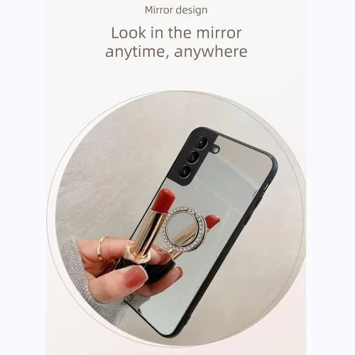 Vista 2 de Funda de espejo compatible con Samsung Galaxy A12 5G, carcasa rígida de policarbonato TPU con soporte de anillo de diamante, agarre de dedo, soporte