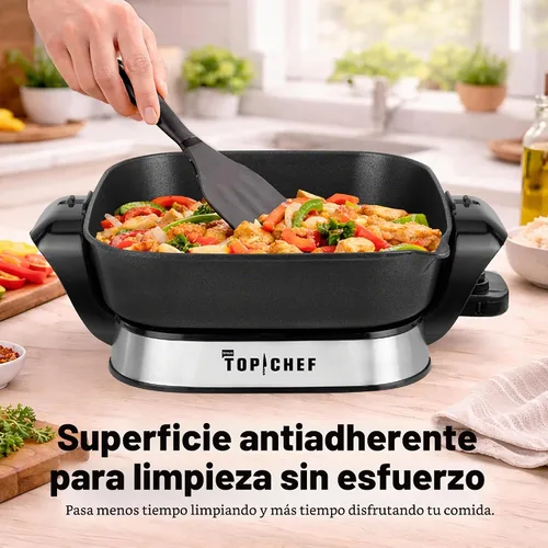Vista 3 de Top Chef - Sartén eléctrica de 11.4 pulgadas que ahorra espacio con calentamiento rápido de 1200 W, interior antiadherente, tapa de vidrio, control