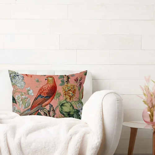 Vista 3 de ArogGeld Fundas de cojín de estilo chinoiserie, diseño de flores y pájaros, color rosa rubor, diseño de animales de pavo real, jardín asiático