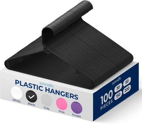 Vista 24 de SereneLife - Juego de 10 perchas de plástico con gancho de metal, color negro Non-Slip, Lightweight hangers with a slim profile help keep closets