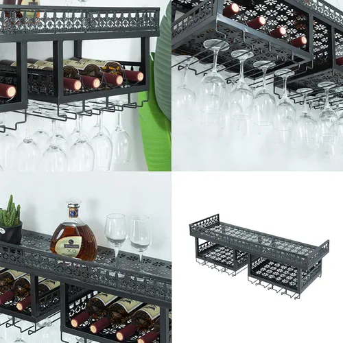 Vista 5 de Gdrasuya10 Estante de metal grande para vino montado en la pared, estantes de vino con soporte para copas de vino, soporte para botellas de vino