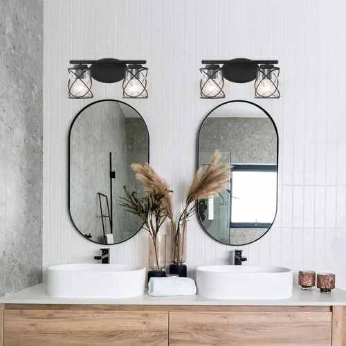 Vista 5 de mavcadonf Luces de Tocador de 2 Luces, Accesorios de Iluminación para Baño Sobre Espejo, Luz de Tocador Negro Mate, Luces de Pared Estilo Granja